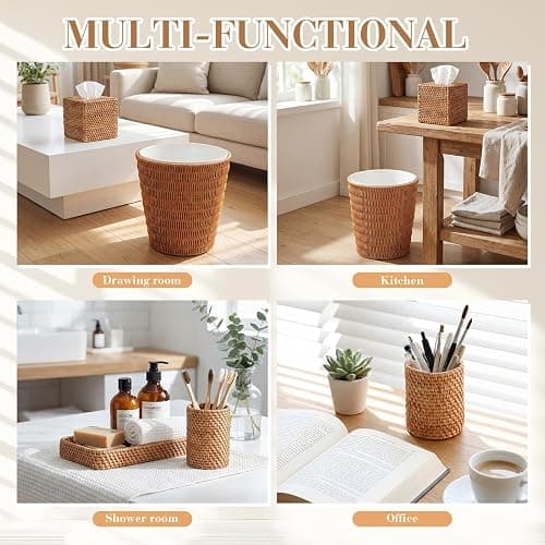 Cinnvoice 5 Pcs Boho Bathroom Accessories Set, Wicker Rattan Bathroom Decoration Includes Tissue Box Cover Toothbrush Holder Vanity Tray and Trash Can for Farmhouse Bedroom Toilet Countertop thumbnail 4