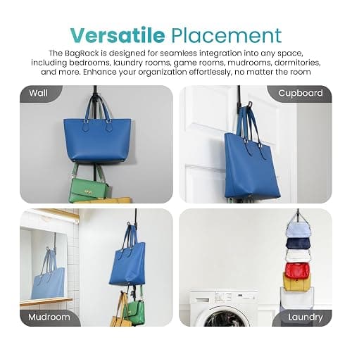 Perfect Curve Handbag and Purse Organizer | Hold up to 18 Bags | Over The Door Organizer for Purses and Handbags | Adjustable Clips | 2 Straps | Black thumbnail 5