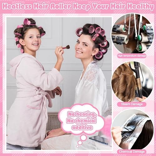 5 Sizes Self Grip Hair Rollers Set, 64 Pcs Rollers Hair Curlers with Clips Comb for Long Medium Short Hair (60 48 40 32 20mm), Pink thumbnail 6