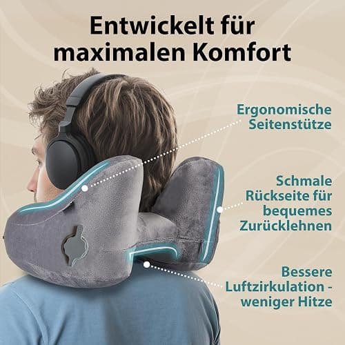 FLOWZOOM AIR Aufblasbares Nackenkissen mit Haube, Grau, L | H-Form, 5 Schlafpositionen, Verstellbare Festigkeit, Waschbarer Bezug, Ohrstöpsel, 260 g leicht thumbnail 3
