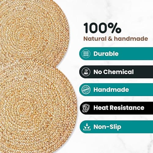 Eco Crave Jute Round Woven Placemats Set of 4, Natural 13 Inch Boho Farmhouse Rustic Hand Woven Place mat for Dining Table Decor, Wicker Chargers Heat Resistant Easy to Clean and Non-Slip Placemat thumbnail 6