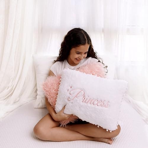 Perfectto Design Set of 2 Decorative Pillows for Toddler Kids Room. White Fluffy Princess Embroidered and Furry Pink Faux Fur Pillow. Soft and Plush Throw Pillows for Kid’s Bedroom Décor thumbnail 5