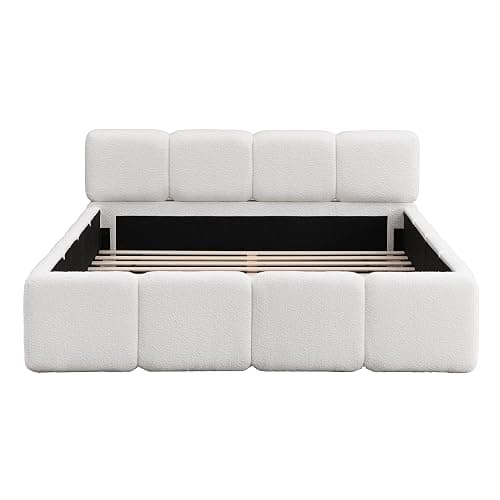 Harper & Bright Designs Queen Size Platform Bed Frame, Floor Platform Bed Grounded Bed Frame with Thick Headboard and Footboard, Block Style, White thumbnail 7