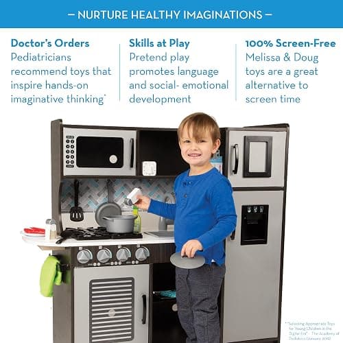 Melissa & Doug Chef's Wooden Pretend Play Kitchen for Kids with “Ice” Cube Dispenser - Charcoal Gray, Kids Kitchen Play Set, for Toddlers and Ages 3+ - FSC-Certified - FSC Certified thumbnail 7