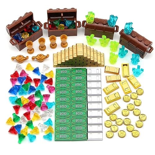 Feleph Treasure Accessories Money Building Blocks Set Jewel Chest, Gems Diamonds, Bullion Electroplated Gold Tile Silver Bar, Power Crystals, Coins, Goblet, 100 Dollar Bill Cash Toy Brick - Image 1