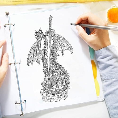 Hmusnwol Dragon Statue with Medieval Sword-Collection Figurine Fantasy Decor - Silvery Dragon Standing Gothic Castle for Tabletop Bookshelf Housewarming Gifts thumbnail 2