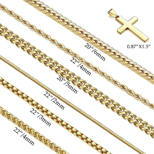 CLASICOMIS 7 Pcs Mens Stainless Steel 18K Gold Plated Chain Necklace Jewelry Set for Men, 6 Chains and 1 Cross Pendant thumbnail 2