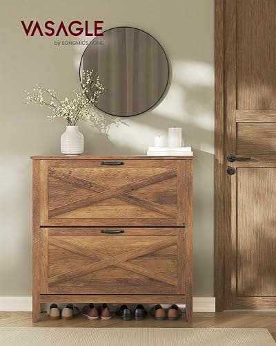 VASAGLE Farmhouse Shoe Cabinet, Narrow Storage Organizer, 2 Flip Drawers | Shoe Storage Organizer, Fits 16 Pairs, 34.3 x 9.5 x 34.6 in, Honey Brown, LIRY Collection UHSC201K01 thumbnail 3