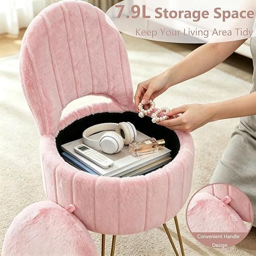 Garvee Vanity Stool Chair with Storage and Folding Back,Faux Fur,Pink,Small | Soft Ottoman,Modern Chairs for Makeup,Vanity Bench,Metal Legs,Adjustable Feet,for Living Room,Bedroom,Makeup Room thumbnail 3
