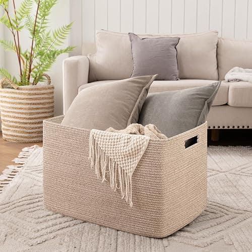 OIAHOMY 118L XXXLarge Cotton Rope Storage Basket, Oversized Blanket Basket, Used for Organizing Dirty Clothes in Living Room, Bedroom, Nursery, Dog Toy Storage Bins, 25" x 17" x 16",Brown variegated thumbnail 2