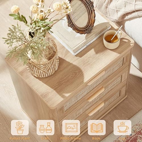 LEYAOYAO Rattan Night Stand Set of 2 with Drawers, 23" Large 3 Drawer Boho Nightstand, Natural Wood Bedside Table Storage Cabinet, Bed Side End Tables Dresser for Bedroom, Living Room, Hallway, Closet thumbnail 5