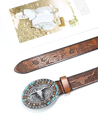 Western PU-Leather Cowboy Buckle Belt for Men and Women Jeans Engraved Floral Longhorn Bull Buckle Belt (27-40" waist) thumbnail 4