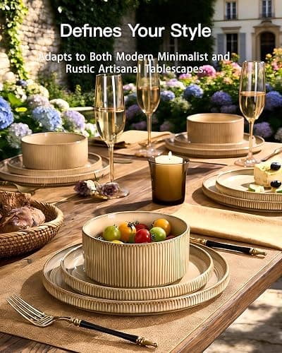 Stoneware Dinnerware Sets, Handcrafted Double Reactive Glaze Plates and Bowls for Everyday & Formal Dining, Microwave & Dishwasher Safe, Scratch Resistant Dishes Service for 4 (12-Piece), Cream thumbnail 2