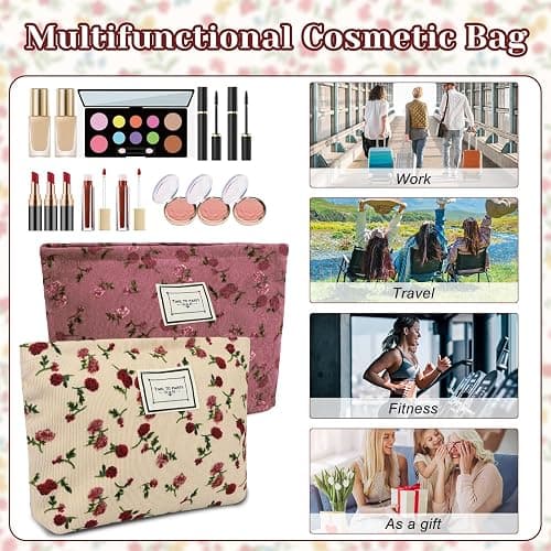 2pcs Floral Makeup Bags, Toiletries Bag for Women, Rose Flower Printing Corduroy Toiletry Bag - Large Capacity and Portable, Travel Makeup Bag Suitable for Ladies and Girls thumbnail 6