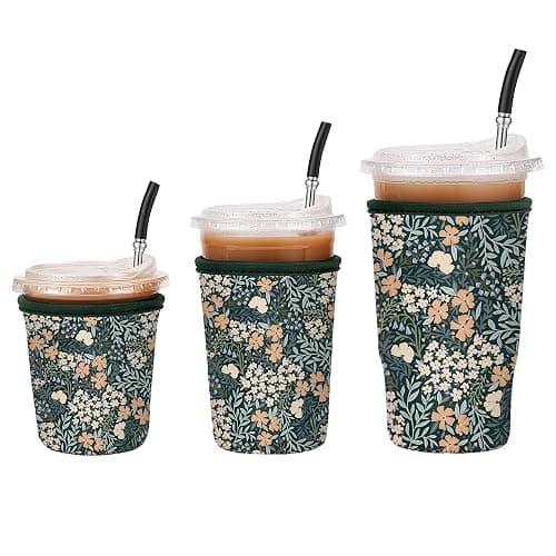Cavllson 3 Pack Reusable Insulated Neoprene Iced Coffee Sleeves & Coffee Cup Holder, Universal Fit 16-32oz Cups for Hot/Cold Beverages - Flower-3 Pack - Image 1