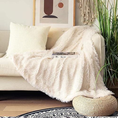 Tuddrom Decorative Extra Soft Fuzzy Faux Fur Throw Blanket 50" x 60",Solid Reversible Long Hair Shaggy Blanket,Fluffy Cozy Plush Comfy Microfiber Fleece Blankets for Couch Sofa Bedroom,Cream White thumbnail 2
