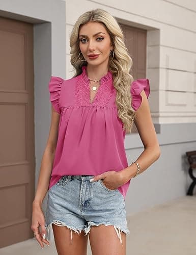 AKEWEI Womens Summer Ruffle Sleeve Lace Embroidered V Neck Work Blouses Pleated Tank Top thumbnail 5