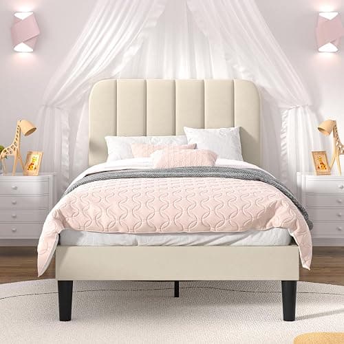 VECELO Twin Size Bed Frame with Upholstered Headboard, Velvet Platform Bedframe Mattress Foundation, Strong Wood Slat Support, No Box Spring Needed,Velvet Beige - Image 1
