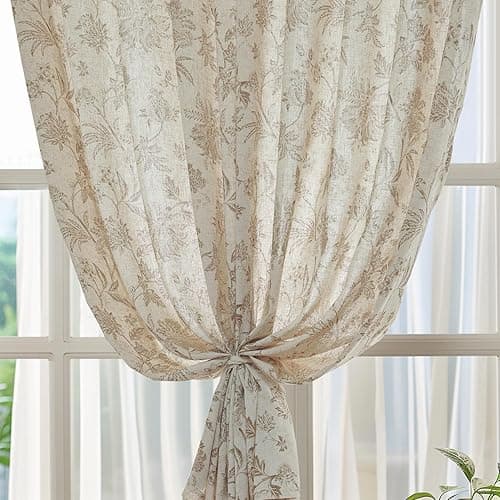 jinchan Linen Floral Curtains for Living Room with Printed Flower 63 Inches Long Light Filtering French Country Back Tab Rod Pocket Taupe Window Curtain Set Farmhouse Drapes 2 Panels Taupe thumbnail 7