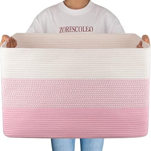OIAHOMY 108L Super Large Blanket Basket For Living Room, 25”x16”x16” Rectangle Woven Baskets For Storage, Toy Storage with Handle - Pink&White - Image 1
