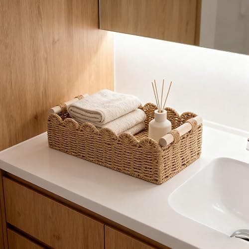 Scalloped Edge Bathroom Counter Organizer Basket with Wooden Handles, Khaki Paper Rope Toilet Tank Top Basket, Toilet Paper Storage Basket for Vanity, Shelves – 14" x 6.3" x 3.9" thumbnail 6