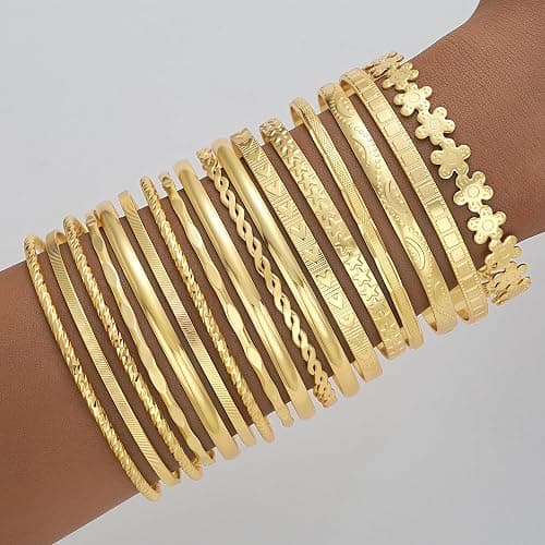FAXHION Gold Bangle Bracelets for Women, 14 Pcs Multi Layer Stackable Bangle Set, 14K Gold Plated Textured Chunky Bracelets Boho Jewelrys Set thumbnail 2