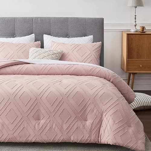 FROHAUL Boho Queen Comforter Set,Blush Pink Rhombus Tufted Queen Size Comforter Set with Corner Loops,3 Pieces Embroidery Shabby Chic Bedding Comforter Sets for All Seasons(Blush Pink,Queen) - Image 1