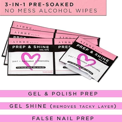 AIRRE 220 Professional Alcohol Prep & Shine Nail Wipes (3in1) Alcohol Wipes for Gel-Nails, Acrylic Nails, Press-On Nails & Tips. Removes Sticky Gel-Layer Residue, Preps UV/LED Gel-Polish & False Nails thumbnail 2