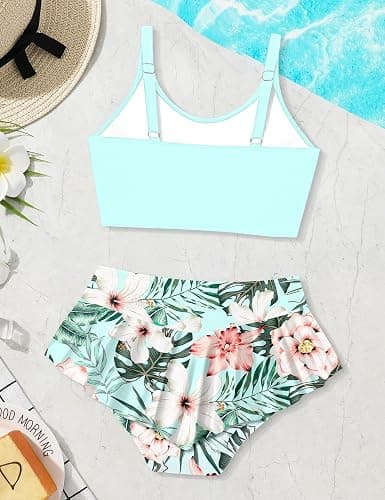 Qaoerde Girls Swimsuit Tropical Print Bikini Set with Ruffle Hem Two Piece Criss Cross Bathing Suits for Girls 7-16 Years thumbnail 5