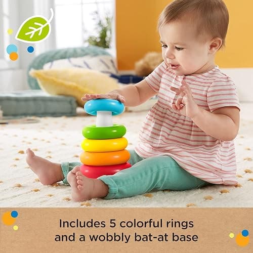 Fisher-Price Baby Stacking Toy Rock-A-Stack Rings with Roly-Poly Base for Ages 6+ Months, Made with Plant-Based Materials thumbnail 6