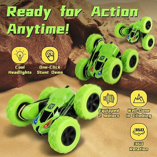 Threeking Remote Control Car RC Cars Toys for Boys Girls Ages 6-12, 4WD Stunt Car with Breathing Soft Lights, Double-Sided Driving & 360° Flips, Presents Gifts, Green thumbnail 2