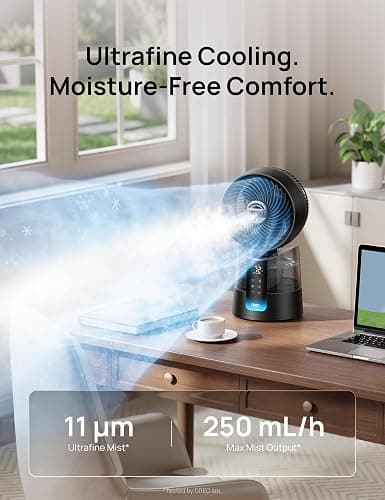 DREO TurboCool Misting Fan 516, 150°+30° Omni-directional Oscillating, Desk Cooling Fan 5℉ Drop, Evaporative air cooler, 26 ft/s Wind, Ultrafine Mist, 20dB, 6 Speeds 2 Modes, Remote Control, Black thumbnail 4
