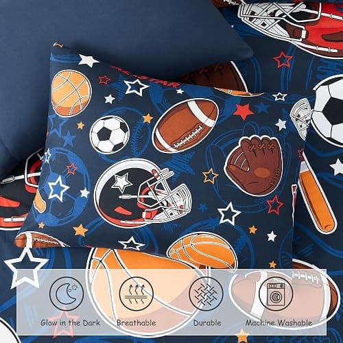 Wink Deer Twin Comforter Set for Boys-5 Pieces Sports Ball Games Glow in The Dark Twin Bedding Sets for Kids, Ultra Soft Bed in A Bag with Sheets thumbnail 7