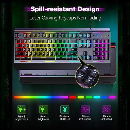 TECKNET Gaming Keyboard, USB Wired Computer Keyboard, 15-Zone RGB Illumination, IP32 Water Resistance, 25 Anti-ghosting Keys, All-Metal Panel (Whisper Quiet Gaming Switch) thumbnail 6