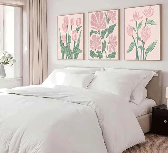 3 Pcs Pink Tulips Flowers Canvas Wall Art Boho Pink and Green Abstract Floral Botanical Paintings Pictures Wall Decor Poster Print Artwork for Living Room Bedroom Home Decoration Unframed thumbnail 2