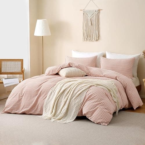 TOCOMOA Pink Tan Gingham Duvet Cover Bedding Set 100% Washed Cotton Like Linen Feel Super Soft Comfy 2 Piece Vintage Plaid Checkered Fall Comforter Cover Set (Twin 68"x90", Comforter Not Included) thumbnail 2