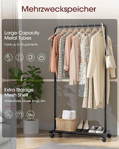 Sakugi Clothes Rack - Clothing Rack with Storage Mesh Shelf & Casters, Heavy-Duty Metal Clothing Rack for Hanging Clothes, Dresses, Coats, Large Load Capacity, Easy Assembly, Black, 28.0"x16.9"x59.0" thumbnail 6