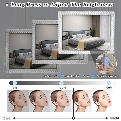 35" x 27" Crystal LED Dimmable Hollywood Vanity Mirror, Large Lighted Makeup Mirror for Desk, Dimmable 3 Lighting Modes, Lights with Crystal Crush Diamond, Metal Frame thumbnail 4