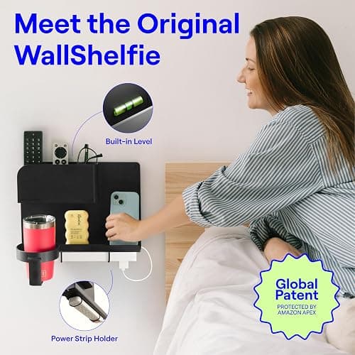 WallShelfie Bedside Wall Organizer & Dorm Decor - Dorm Room Essential, Floating Bedside Shelf Wall Mount Organizer, Remote Control Holder, Cool Teen Girls Trendy Stuff, Room Organization (Black) thumbnail 2