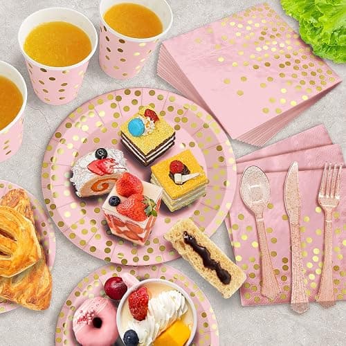 AIRE 175PCS Pink Rose Gold Plates Party Supplies Severs 25 Guests Disposable Party Decorations, Plastic Forks Knives Spoons, Golden Dot Paper Plates Napkins Cups for Baby Shower Birthday Wedding thumbnail 2