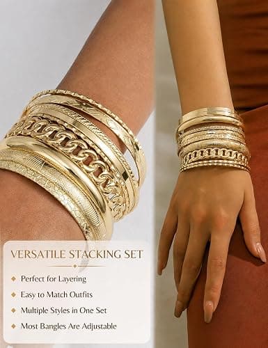 ÌF ME Gold Bangle Bracelets for Women, Indian Bangles Stackable Set, Multi Layer Textured 18K Gold Plated Chunky Bracelets Boho Jewelrys Set thumbnail 5