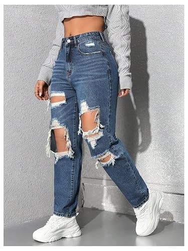 Floerns Women's High Waisted Distressed Jeans Straight Leg Casual Ripped Denim Pants thumbnail 2