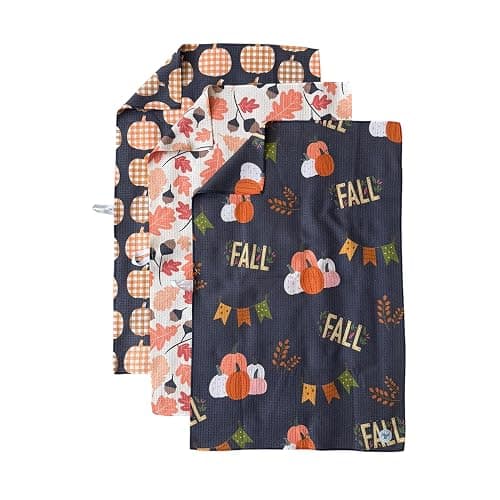 Desert Aqua || 3 Pack|| Double Sided Dish Towels || Waffle Weave Microfiber || Tea Towels || Highly Absorbent || Hanging Loop || Dish Cloths || Modern || Designer Prints (Fall Leaves Gray) - Image 1