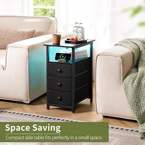 Yoobure End Table with Charging Station, LED Narrow Side Table Bedside Table, Small Night Stand End Tables Living Room, Skinny Nightstand with 3 Fabric Drawers, Side Tables Bedroom for Small Spaces thumbnail 3