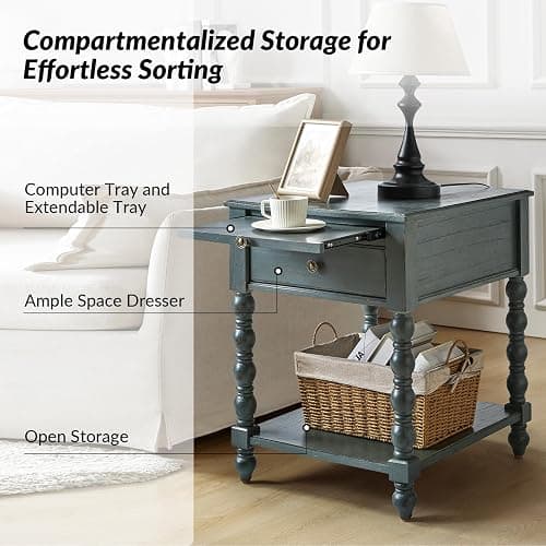HULALA HOME Spindle Nightstands with Charging Station, Solid Wood Nightstand with Drawer Shelf, Side Table with Pull-Out Shelf (1, Blue) thumbnail 5