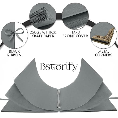 Bstorify Square Scrapbook Photo Albums 80 Pages (11 x 11 Inch) Grey Thick Paper, Hardcover, Ribbon Closure - Ideal for Your Scrapbooking Albums, Art & Craft Projects (Grey, 11 x 11 Inch) thumbnail 4