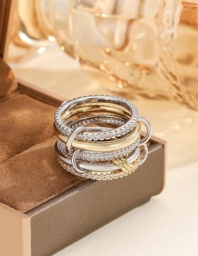 HOSICRON Statement Rings for Women, 18k Gold Plated Stackable Cubic Zirconia Rings, Silver Gold Multi Ring Mixed Metals Stackable Ring Set for Women Non Tarnish thumbnail 6