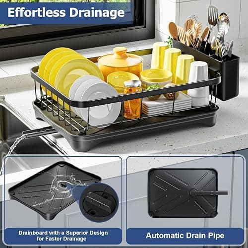 arshray Dish Drying Rack Single Layer with Utensil Holder, Adjustable Spout Auto-Draining Dish Rack for Kitchen Counter, Large Capacity for Plates, Bowls, Cups, Dish Drainer with Drainboard,Black - One Tier - Black - Metal thumbnail 3