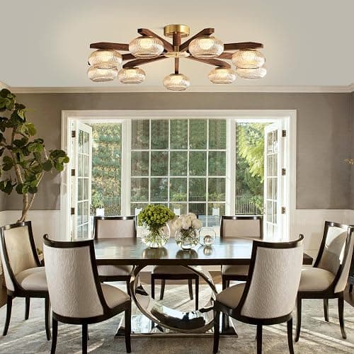 Walnut Wood LED Ceiling Light Fixture, Modern 9-Light Semi-Flush Mount with Glass Shades, 41" Farmhouse Chandelier Walnut & Brass for Living Room, Dining Room, Bedroom thumbnail 7