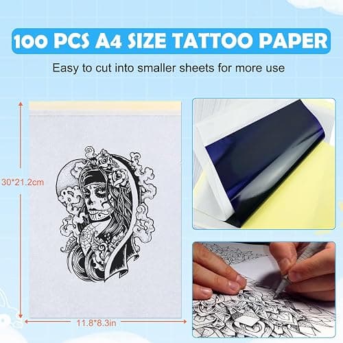 MOKOHOA Tattoo Transfer Paper, 100 Sheets Tattoo Stencil Paper, Stencil Paper for Tattooing- A4 Sizes, Tattoo Stencil Kit, Carbon Tracing Pape,4 Layers Thermal Transfer Paper DIY Tattoo thumbnail 2